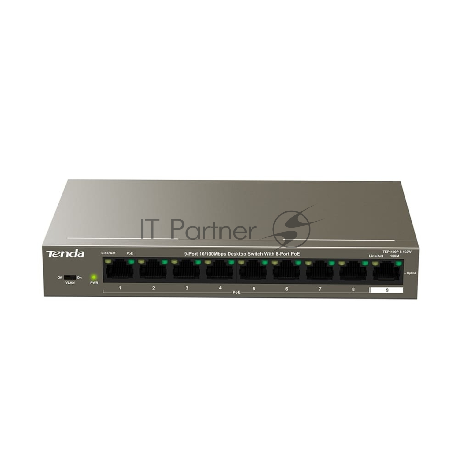 Коммутатор Tenda TEF1109P-8-102W, неуправляемый PoE, 9×FE, 8×PoE, 92 Вт