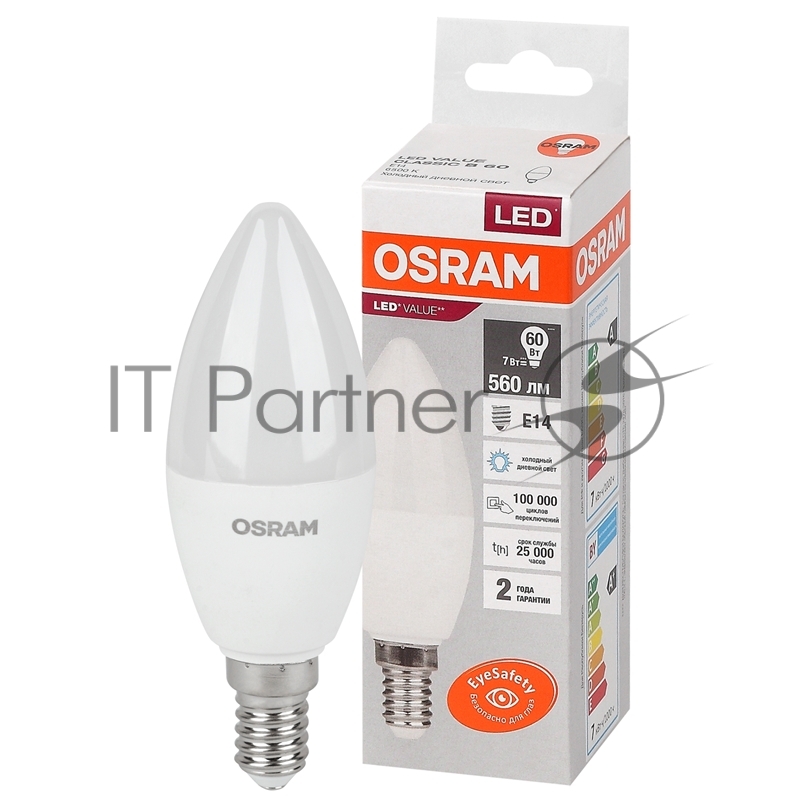 Лампа светодиодная LED Value LVCLB60 7SW/865 свеча матовая E14 230В 10х1 RU OSRAM 4058075579033