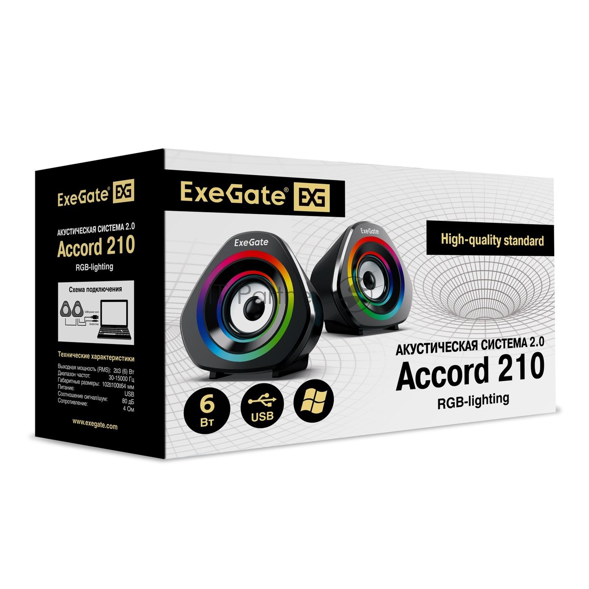 Акустическая система 2.0 ExeGate EX289680RUS Accord 210 (питание USB, 2х3Вт (6Вт RMS), 60-20000Гц, черный, RGb подсветка)