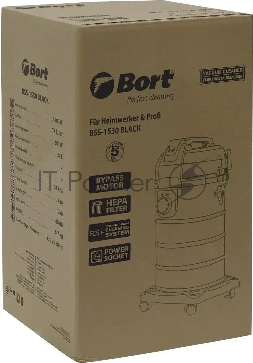 Пылесос профессиональный Bort BSS-1530 черный, 300/1500 Вт, уборка влажная/сухая, пылесборник мешок/контейнер 30л