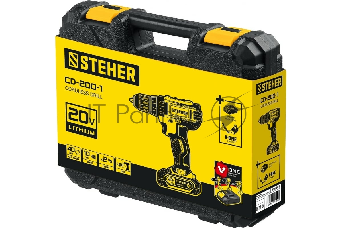 Дрель-шуруповерт STEHER CD-200-1, 20 В, 2 Ач, 45 Нм, бесщеточный
