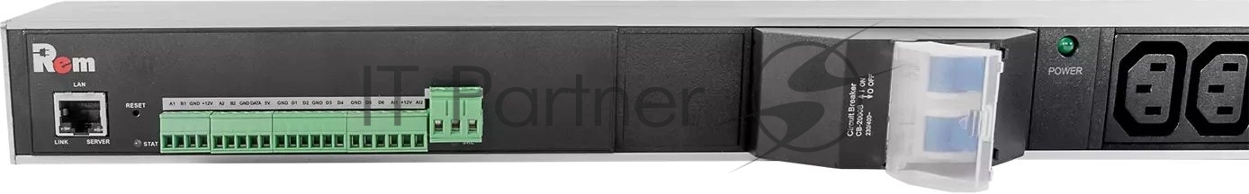 Блок силовых розеток Rem, IEC 60320 С13 х 12, IEC 60320 С19 х 8, вход колодка, 1863х45х60 мм (ВхШхГ), 32А, автомат, алюминий, с мониторингом