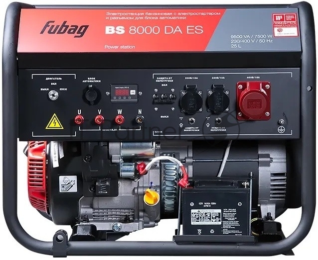 Генератор бензиновый FUBAG BS 8000 DA ES 641018 Мах мощность, (LTP), 9,5 кВА, Длительная мощность (COP), 7.5 кВт 25 бака л, объем 459 см, мощность 10,29/14 кВт/л.с., 230/400 В, 84 дБ (7 м), 102 Вес, кг