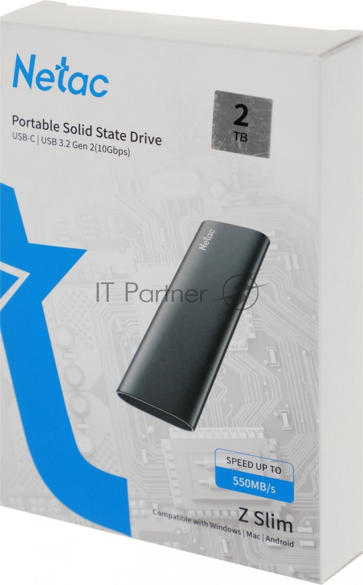 Внешний SSD Netac Z SLIM, 2TB, USB 3.2 Gen 2 Type-C, R/W 550/480, черный