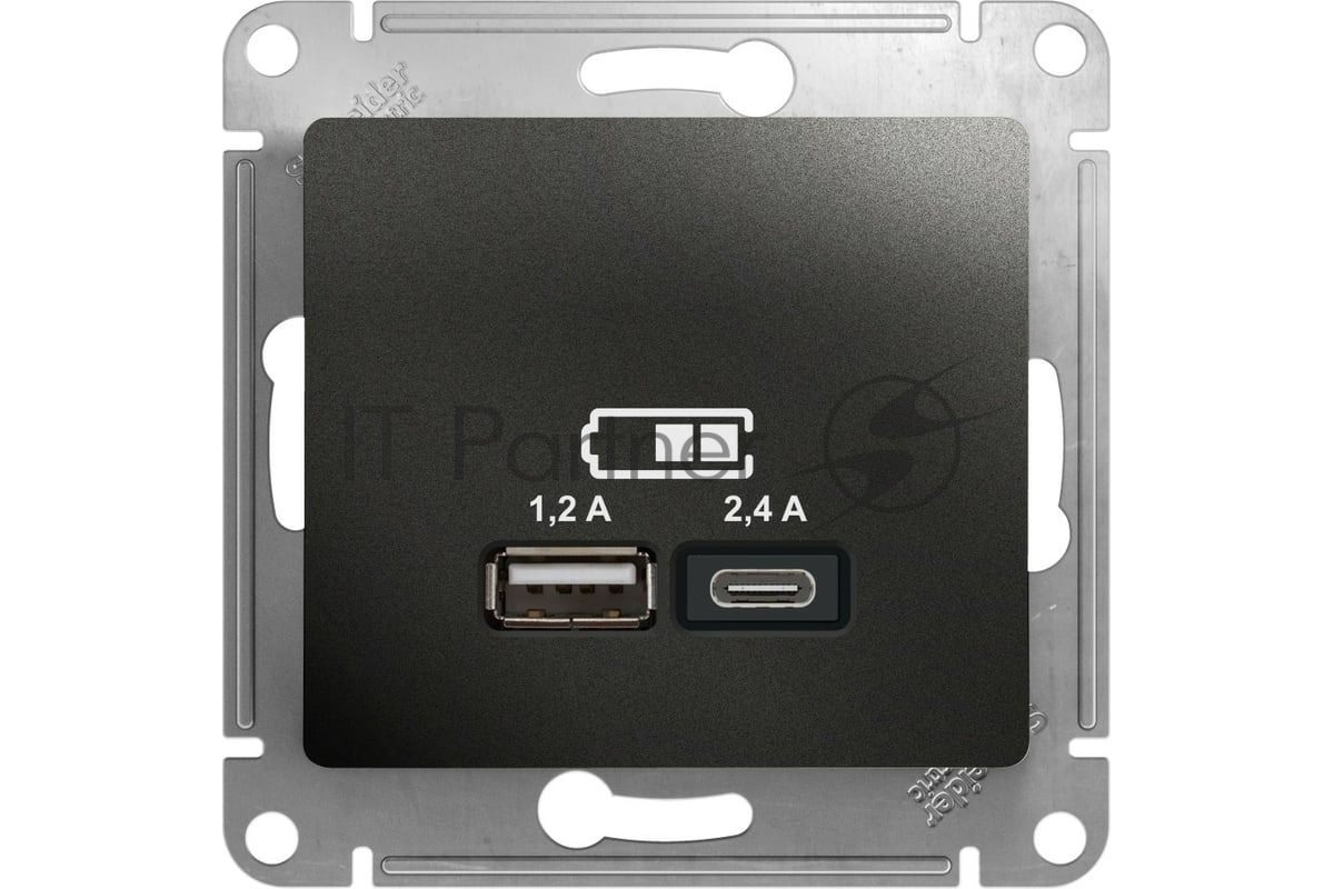 Розетка SE Glossa USB A+С, 5В/2,4А, 2х5В/1,2А антрацит