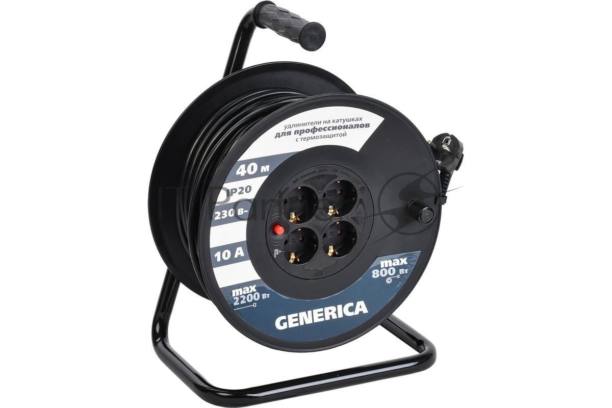 Удлинитель на катушке 4х40 м 2P+PE 10А УК40 с термозащ. 3х1.0 кв.мм GENERICA IEK WKP10-10-04-40-G