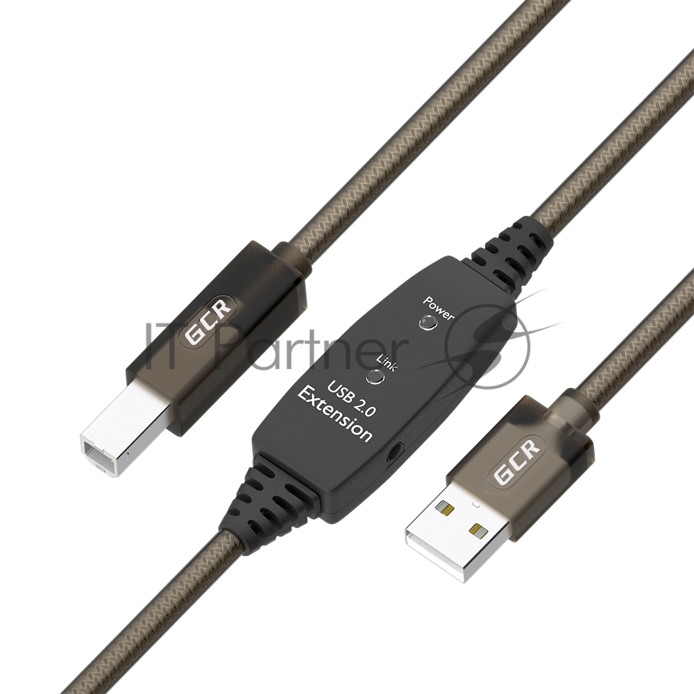 GCR PRO Кабель активный 5.0m USB 2.0, AM/BM, черно-прозрачный, медь, с усилителем сигнала, разъём для доп.питания, 28/24 AWG
