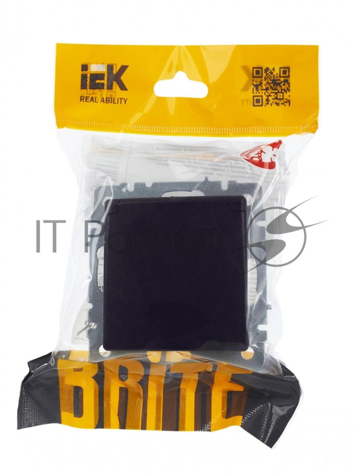Розетка 1-местная IEK BRITE РСбш10-3-БрЧ (BR-R16-16-K02) с заземлением, с защитными шторками и крышкой, 16А, IP20, черный