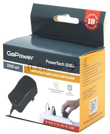 GoPower <00-00015335> PowerTech 1000 блок питания (3-12V,  1A)+7сменных разъёмов питания