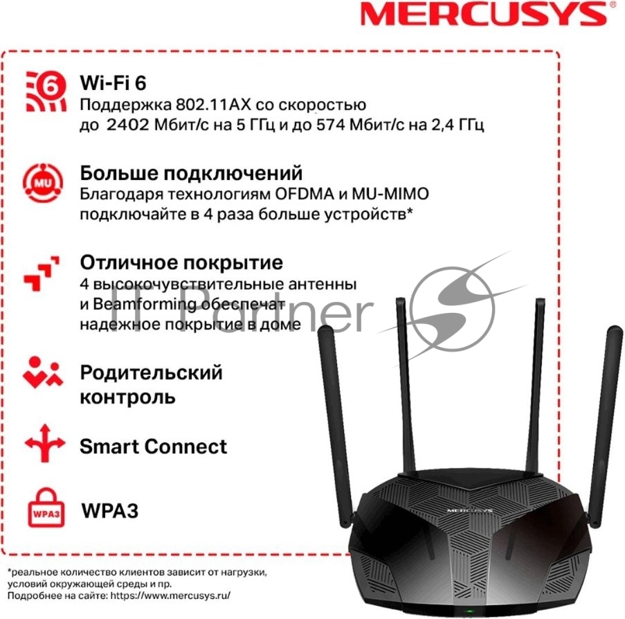 Двухдиапазонный роутер MERCUSYS MR80X AX3000 Wi-Fi 6, до 574 Мбит/с на 2,4 ГГц + до 2402 Мбит/с на 5 ГГц,4 фиксированные внешние антенны, 3 гигабитных порта LAN, 1 гигабитный порт WAN