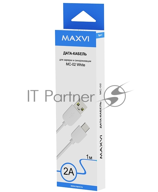 Кабель Maxvi MC-02 white USB-A - Type-C ток макс. нагрузки 2А, макс. напряжение 5V, длина кабеля 1м, материал PVC, белый