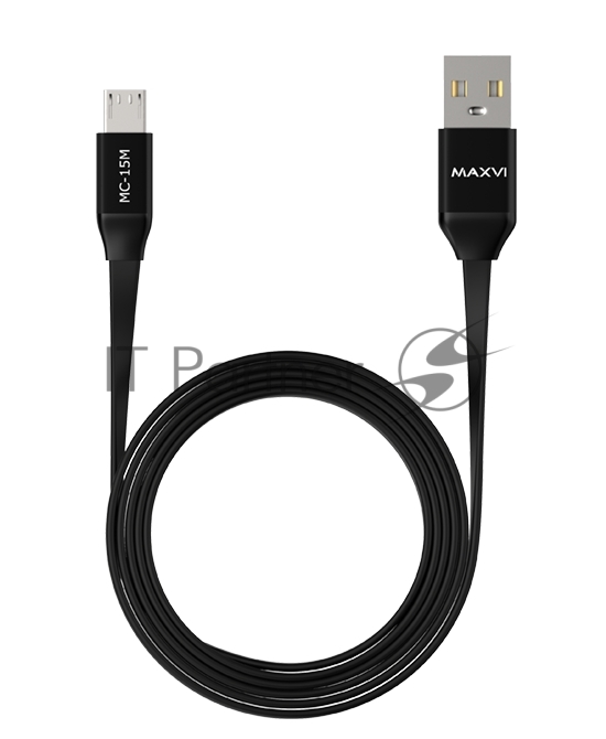Кабель Maxvi MC-15M black, USB-A - microUSB, 2A ток макс. нагрузки 2А, макс. напряжение 5V; стандарт USB 2.0; плоский кабель, длина 1м, оплетка TPE, металлические корпуса разъемов, цвет черный