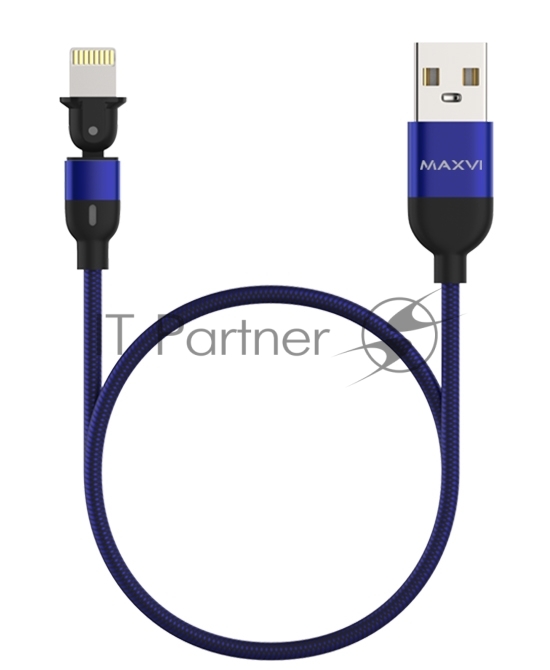 Кабель Maxvi MC-19L blue, USB-A - Lightning, 2.4A, LED ток макс. нагрузки 2.4А, макс. напряжение 5V; стандарт USB 2.0; длина кабеля 1.5м, нейлоновая оплетка, металлические корпуса разъемов,LED подсветка, цвет: синий
