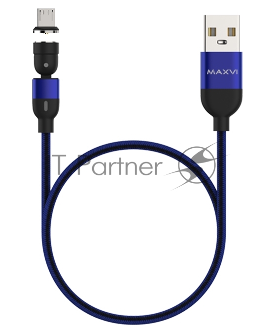 Кабель Maxvi MCm-02M blue, USB-A - MicroUSB, 2A, магнитный разъем, LED ток макс. нагрузки 2А, макс. напряжение 5V; стандарт USB 2.0; длина 1.5м, нейлоновая оплетка, съемный магнитный коннектор, LED подсветка, синий