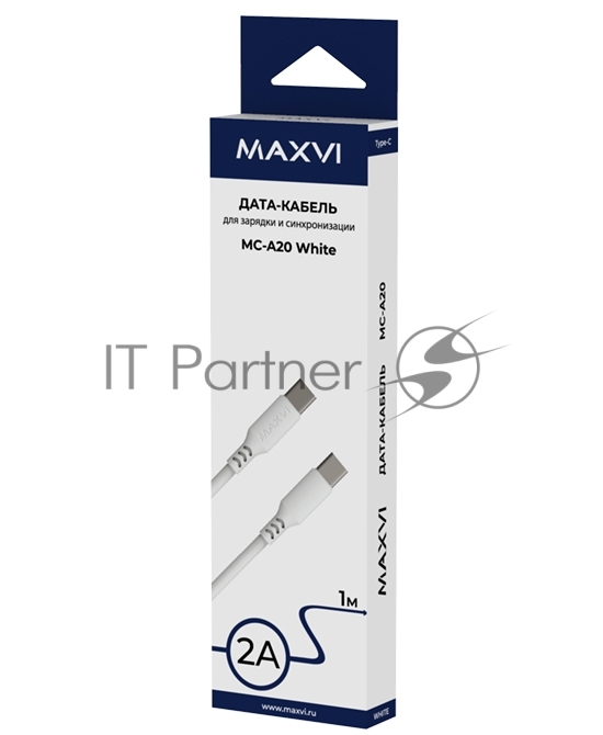 Кабель Maxvi MC-A20 white Type-C - Type-C, 2A ток макс. нагрузки 2А, макс. напряжение 5V, длина кабеля 1м, материал PVC, белый