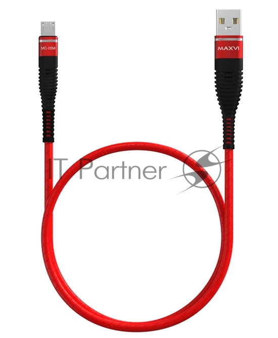 Кабель Maxvi MC-05M red USB-A - microUSB, 2A ток макс. нагрузки 2А, макс. напряжение 5V; стандарт USB 2.0; длина 1м, оплетка TPU, металлические корпуса разъемов, цвет красный