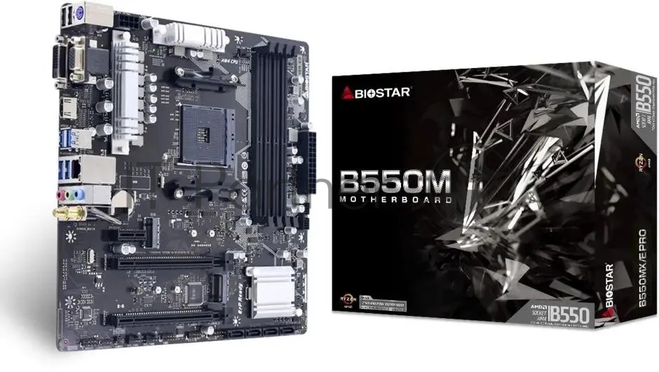 Материнская плата Biostar B550MX/E PRO, AM4, AMD B550, 4xDDR4, 4xSATA, 2xM.2, 1xPCIe 4.0 x16, DVI-D, HDMI, D-Sub, 1x1Gb LAN, 3x3.5 мм, 7.1, microATX