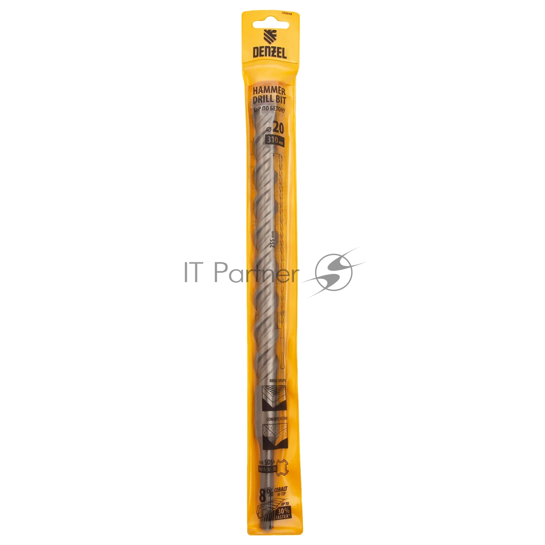 Бур по бетону Denzel двойная спираль, Cobalt W-tip, 20x310 мм, SDS PLUS