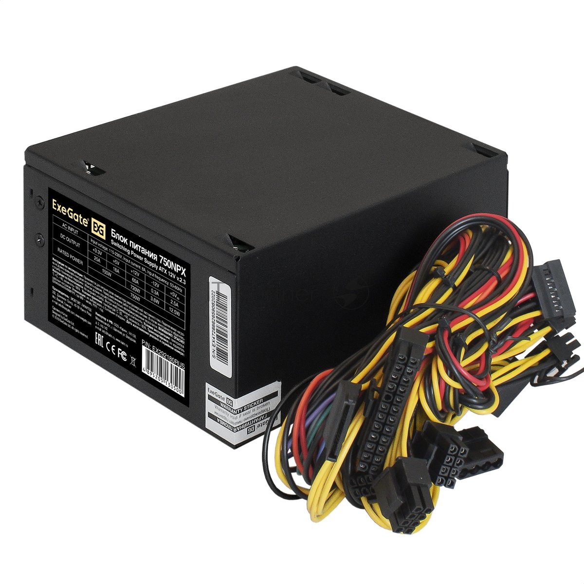 Exegate EX292180RUS-S Блок питания 750W ExeGate 750NPX (ATX, SC, 12cm fan, 24pin, 2x(4+4)pin, 2xPCI-E, 5xSATA, 3xIDE, black, кабель 220V с защитой от выдергивания)