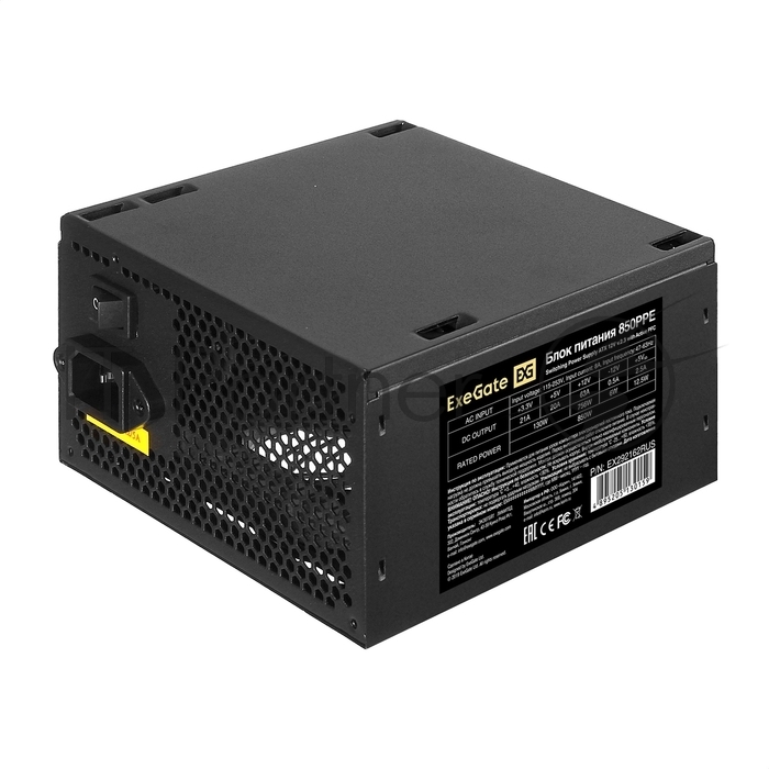 Exegate EX292162RUS-PC Блок питания 850W ExeGate 850PPE (ATX, APFC, PC, КПД 80% (80 PLUS), 12cm fan, 24pin, 2x(4+4)pin, PCIe, 6xSATA, 3xIDE, black, кабель 220V в комплекте)