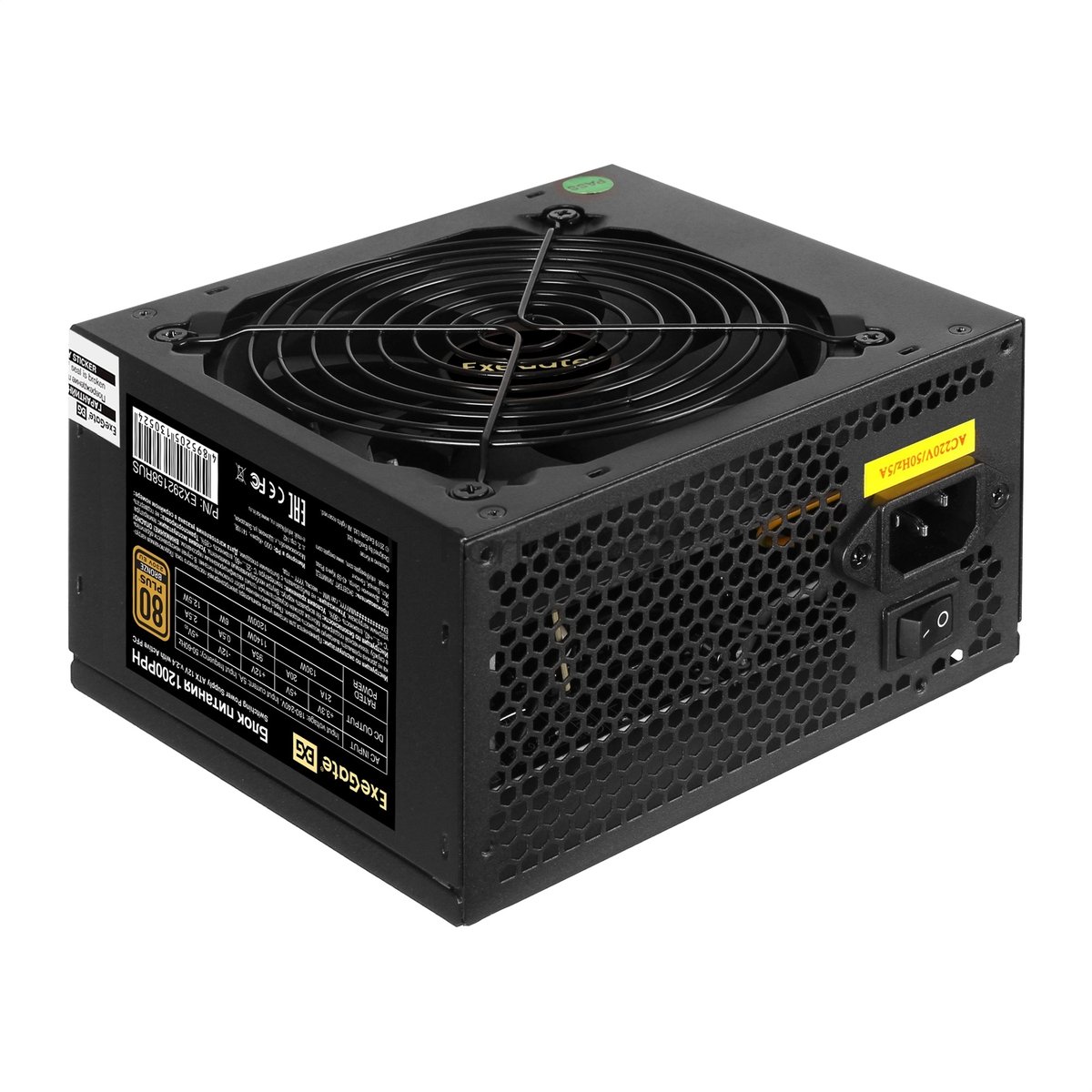 Exegate EX292158RUS-S Блок питания 1200W ExeGate 80 PLUS® Bronze 1200PPH (ATX, APFC, SC, КПД 89% (80 PLUS Bronze), 12cm fan, 24pin, 2x(4+4)pin, 6xPCI-E, 8xSATA, 4xIDE, RTL (color box), black, кабель 2