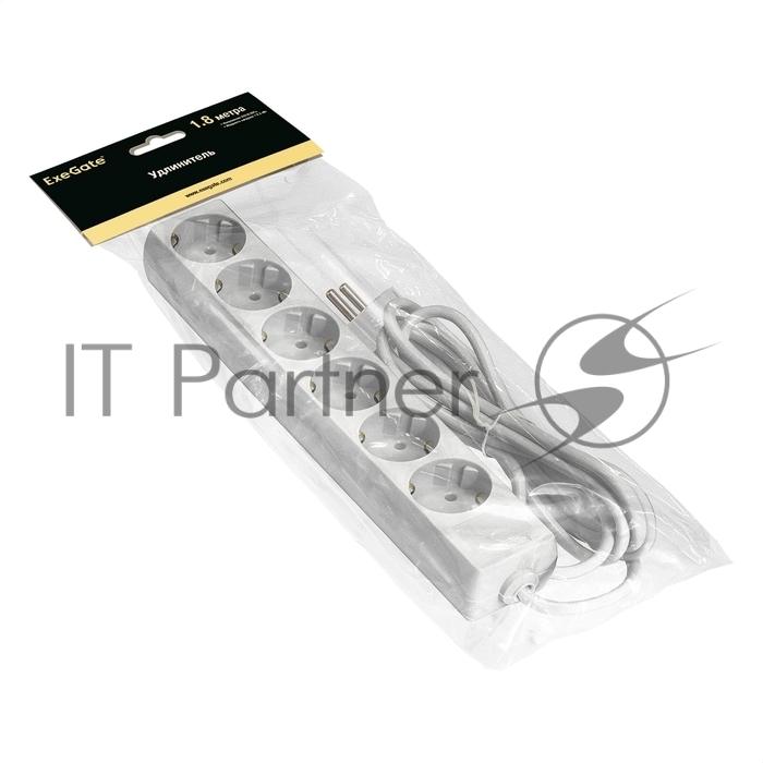 Удлинитель ExeGate ECE-6-1.8W (EX285830RUS), белый, 1,8 м, евровилка с заземлением, 6 евророзеток с заземлением, 2200 Вт