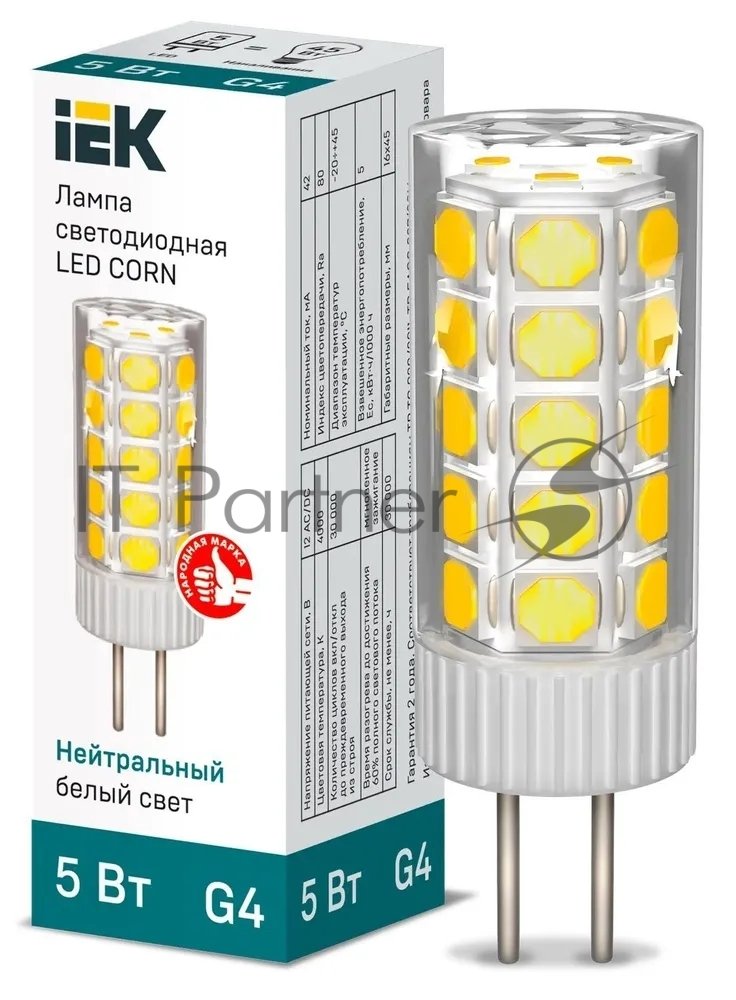 Лампа светодиодная IEK LLE-CORN-5-012-40-G4 CORN 5Вт капсула 4000К G4 12В керамика