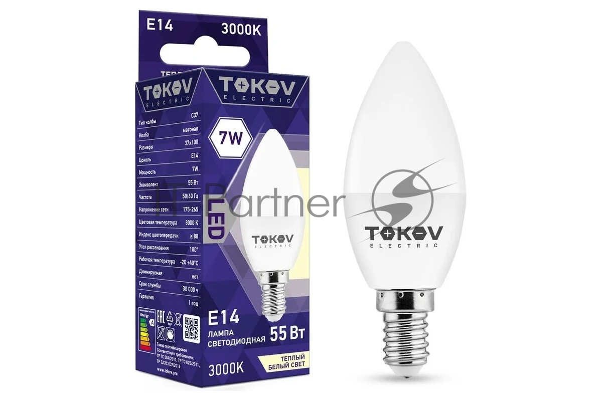 Лампа светодиодная TOKOV ELECTRIC 7Вт С37 3000К Е14 176-264В
