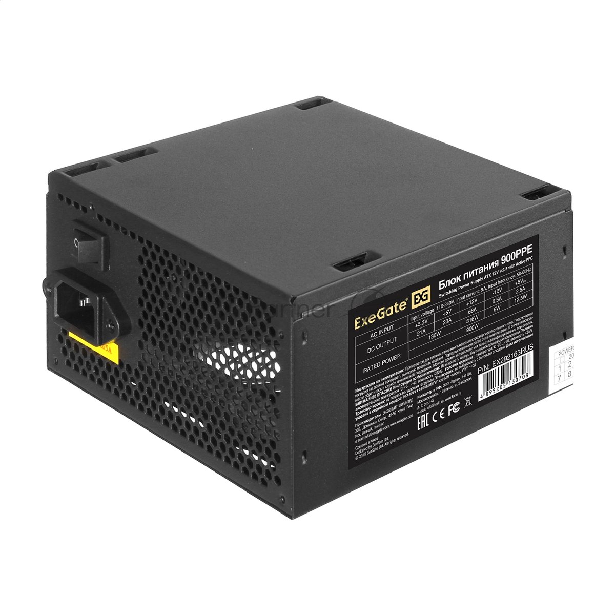 Exegate EX292163RUS-S Блок питания 900W ExeGate 900PPE (ATX, APFC, SC, КПД 80% (80 PLUS), 12cm fan, 24pin, 2x(4+4)pin, PCIe, 6xSATA, 4xIDE, black, кабель 220V с защитой от выдергивания)