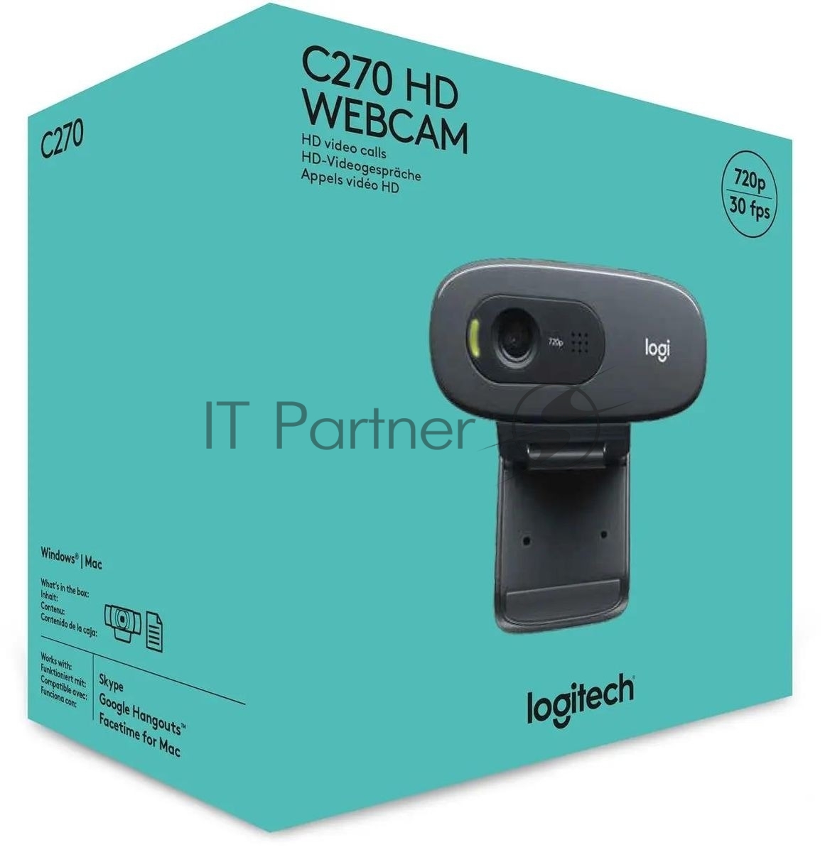 Веб-камера Logitech C270 HD 1280x720, 30 кадр/с, USB Type-A, микрофон (шумоподавление), автоосвещение, универсальное крепление