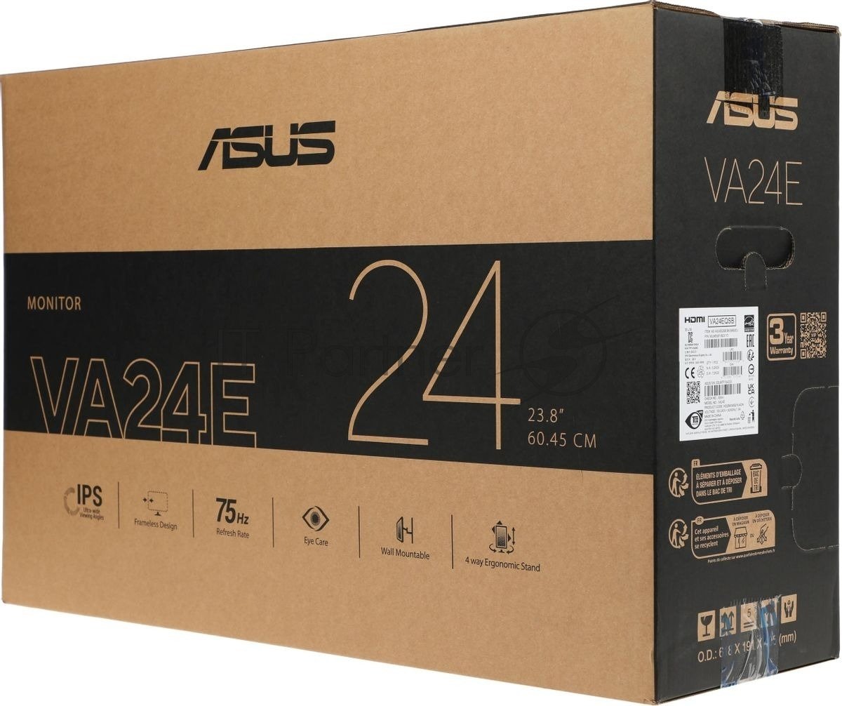 Монитор Asus - VA24EQSB, 23.8", 16:9, IPS, 5 мс, 300cd/m², 1000:1, 1920x1080 (Full HD), 75 Гц, VGA, 1x HDMI, 1x DP, USB-hub, HAS, pivot, speakers, цвет чёрный, VA24EQSB