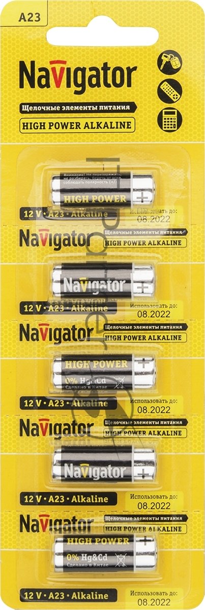 Элемент питания алкалиновый Navigator A23 61 464 NBT-NE-A23-BP5 для пультов сигнализаций (блист.5шт)