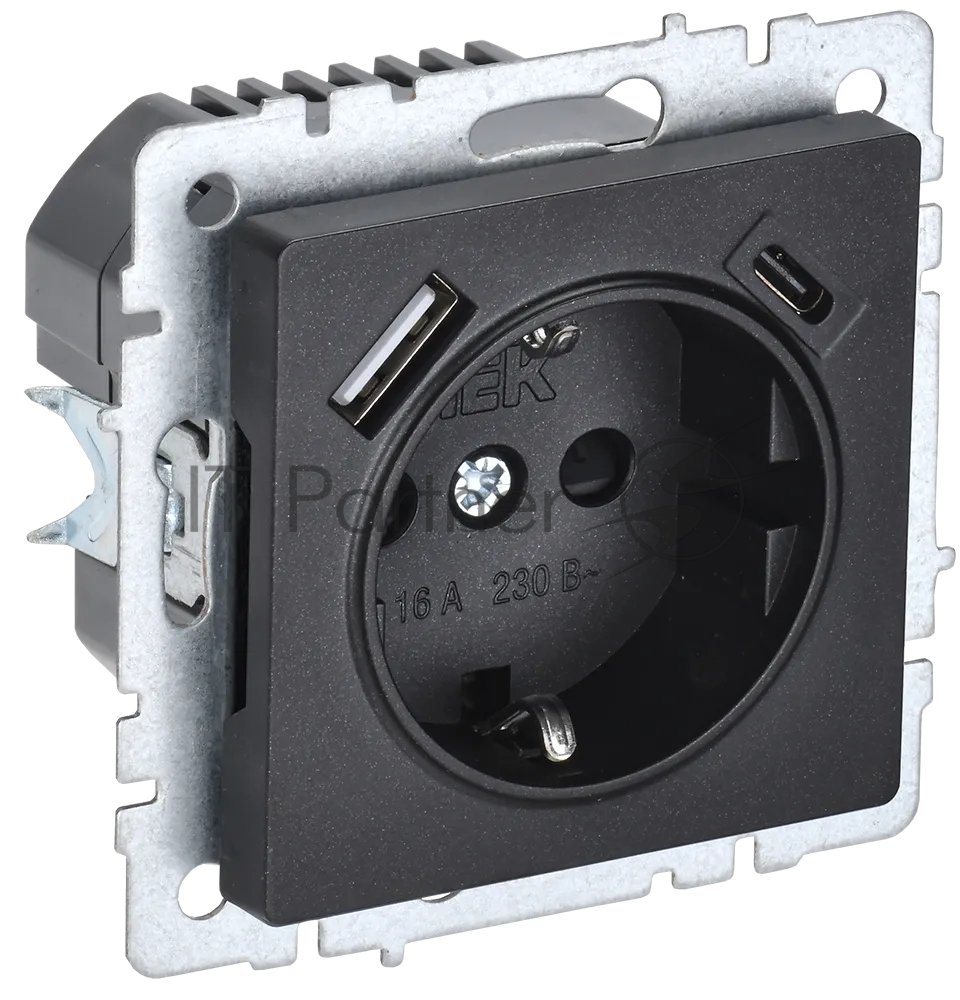 Розетка 1-местная IEK BRITE РЮш11-1-БрЧ (BR-R14-16-U22-018-K02) с заземлением, с защитными шторками, 16А, с USB A+C 18В т, черный