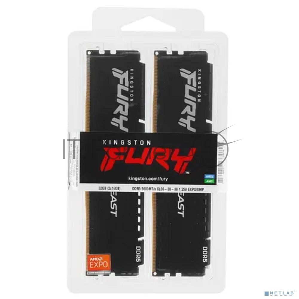Оперативная память Kingston Fury Beast, DDR5, 32GB (2x16GB), 5600MHz, CL36, DIMM, с радиаторами, черный