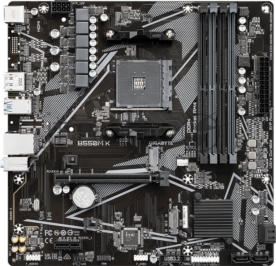 Материнская плата Gigabyte B550M K, AM4, AMD B550, 4xDDR4, 4xSATA, 2xM.2, 1xPCIe 4.0 x16, 1xPCIe x1, 1xHDMI, 1xDP, 1x 1Gb LAN, 4xUSB-A 3.2 Gen 1, 4xUSB-A 2.0, 3x3.5 мм, 7.1, mATX