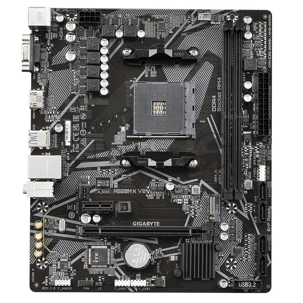 Материнская плата Gigabyte A520M K V2 (V1.1), AM4, AMD A520, 2xDDR4, 4xSATA, 1xM.2, 1xPCIe 3.0 x16, 1xHDMI, 1xVGA, 1x 1Gb LAN, 2xUSB-A 2.0, 4xUSB 3.2 Gen 1, 3x3.5 мм, 7.1, mATX