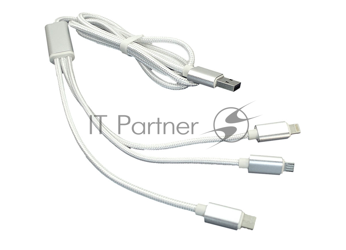 Кабель для зарядки USB (3-в-1) (Apple Lightning 8Pin, USB Type-C, USB-Micro) ШНУРОК. 1m. белый