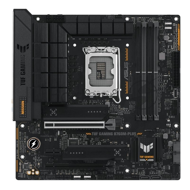 Материнская плата ASUS TUF GAMING B760M-PLUS, LGA 1700, Intel B760, 4xDDR5, 4xSATA, 2xM.2, 1xPCIe 5.0 x16, 1xPCIe 4.0 x4, 1xPCIe x1, 2xUSB-A 3.2 Gen 2, 3xUSB-A 3.2 Gen 1, 2xUSB 2.0, 1xUSB-C 3.2 Gen 2x2, 1x2.5Gb LAN, 5x3.5 мм, 7.1, mATX