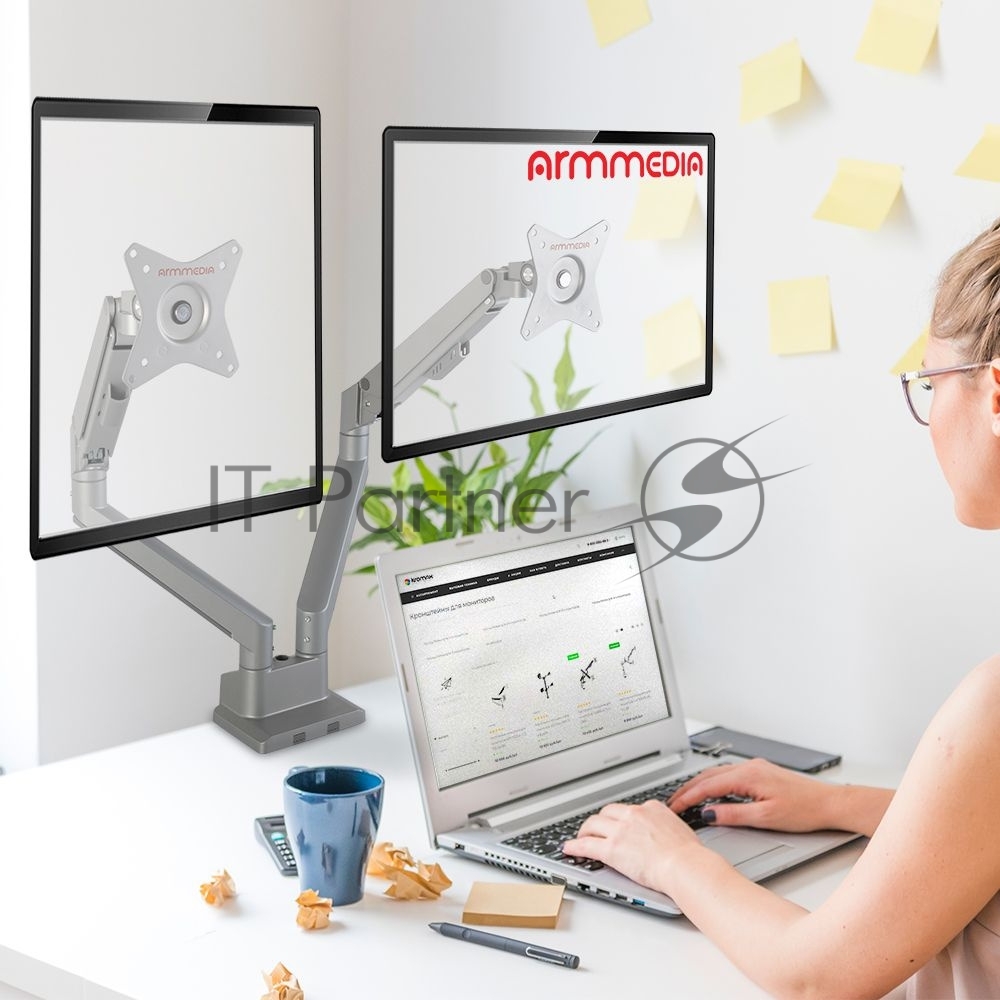 Кронштейн Arm media LCD-T36 серебристый, 4 шт/уп. Кр. алюм. настол. для 2-х мон. 15"-34", max 2х9 кг, нак. ±45°, пов. ±180°, от стола 495 мм, max VESA 100x100 мм.