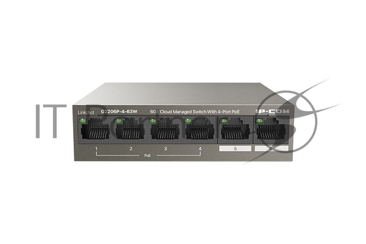 IP-COM G2206P-4-63W Коммутатор PoE управляемый  6-Ports 10/100/1000 Base-T + 2-Ports 1000 Base-X SFP (2-Ports uplink) / 4-Ports PoE (PoE бюджет 58W)