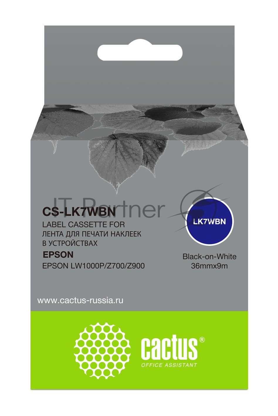 Картридж ленточный Cactus CS-LK7WBN черный шрифт, белый фон (36 мм, 9 м) для Epson LW1000P/Z700/Z900