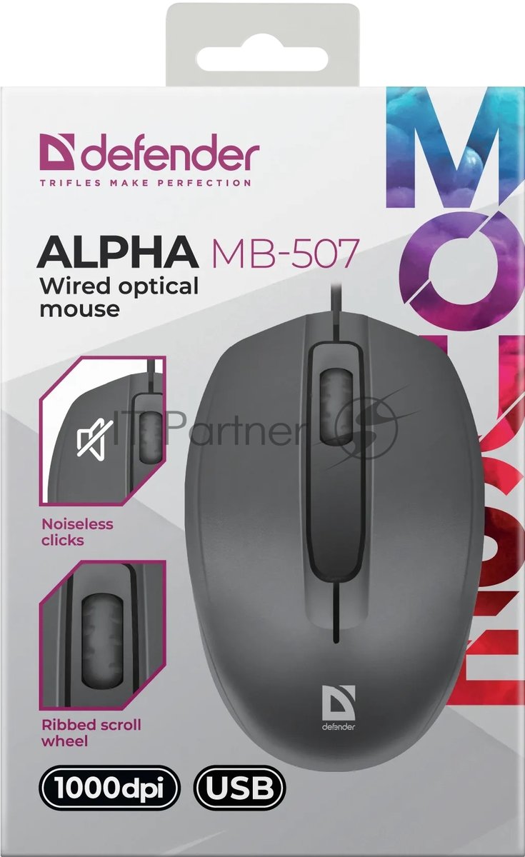 Мышь проводная Defender Alpha MB-507 черный, 1000 dpi, USB, кнопки - 3