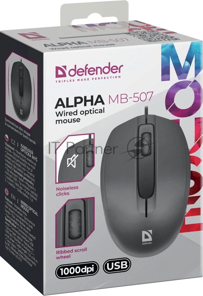 Мышь проводная Defender Alpha MB-507 черный, 1000 dpi, USB, кнопки - 3