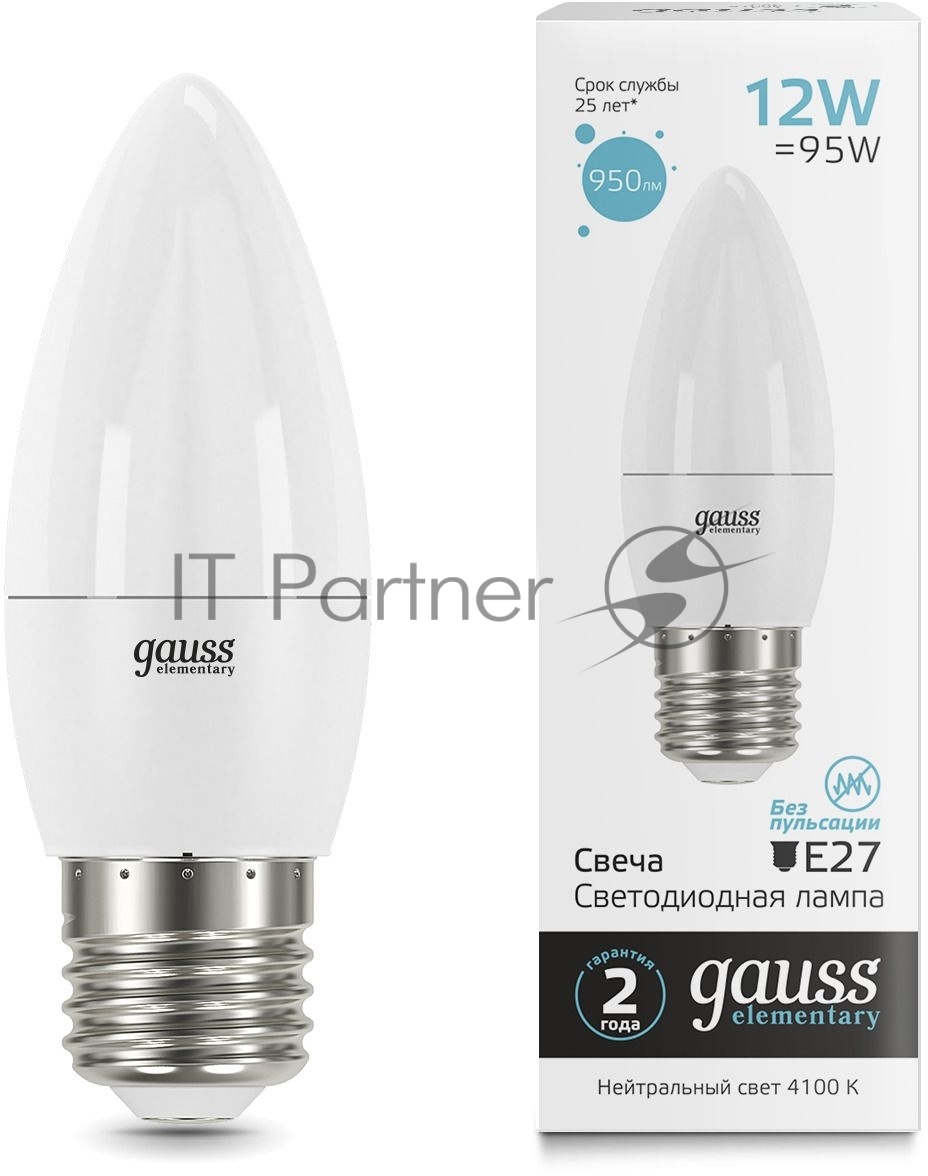 Лампа светодиодная Gauss Elementary 30222 12Вт цок.: E27 свеча 220B 4100K св. свеч. белый нейт. (упак.: 10 шт)