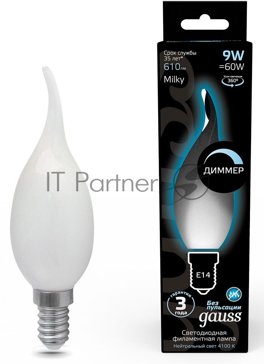 Лампа светодиодная Gauss Filament 104201209-D 9Вт цок.: E14 свеча 220B 4100K св. свеч. белый нейт. (упак.: 10 шт)
