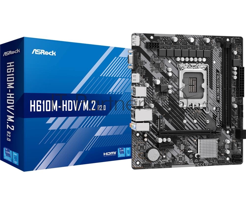 Материнская плата ASRock H610M-HDV/M.2 R2.0, LGA1700, Intel H610, 2xDDR4, 4xSATA, 1xM.2, 1xPCIe 4.0 x16, DisplayPort, HDMI, D-Sub, 1x1Gb LAN, 3x3.5 мм, 7.1, microATX