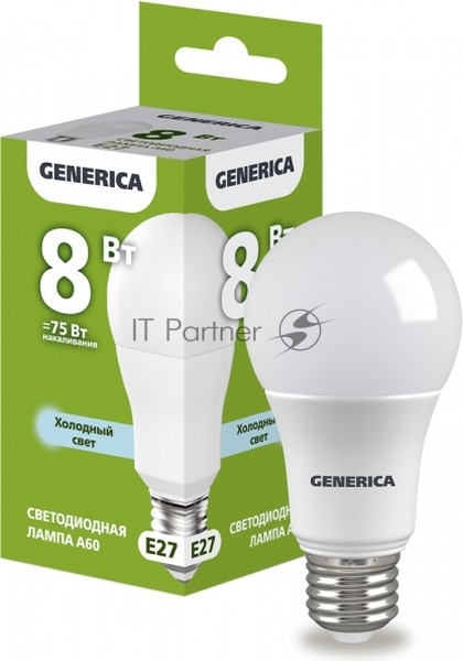 Лампа светодиодная A60 груша 8Вт 230В 6500К E27 GENERICA