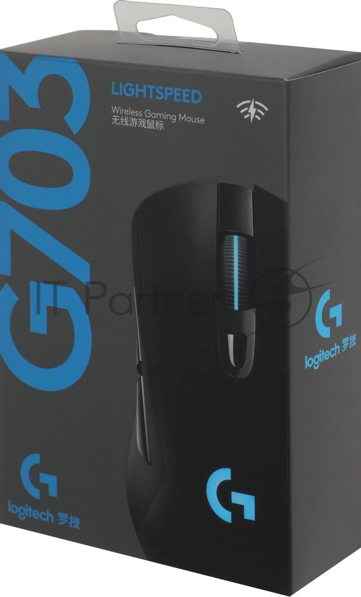 Мышь игровая Logitech G703 Lightspeed черная, сенсор 100-25600dpi (Hero25K), беспроводная 2.4GHz + USB 1,8м, 5 программируемых кнопок + колесо прокрутки, RGB-подсветка, под правую руку