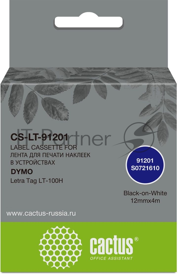 Картридж ленточный Cactus CS-LT-91201 черный шрифт, белый фон (12 мм, 4 м) для Dymo Letra Tag LT-100H