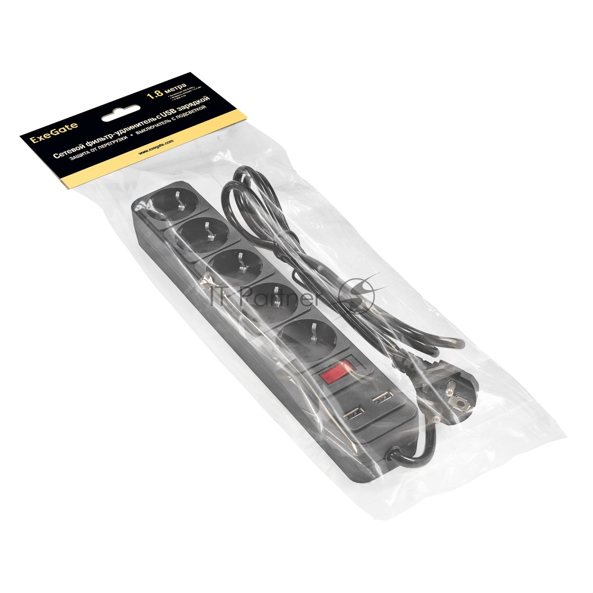 Exegate EX295490RUS Сетевой фильтр-удлинитель с USB зарядкой ExeGate SP-5-USB-1.8B (5 евророзеток с заземлением, 2 USB-A 2A, 1.8м, защита от перегрузки, выключатель с подсветкой, черный)